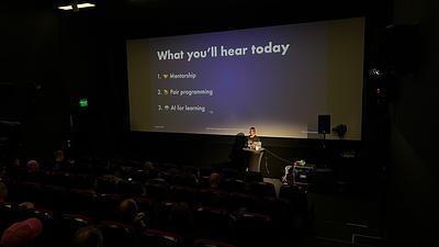 Hana Harencarova presenting her talk: Level Up Your Engineering Career with Mentorship, Pairing, and AI