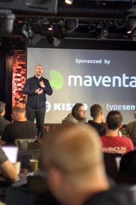 Opening remarks with the sponsors slide (Maventa, Kisko Labs, Typesense) on screen