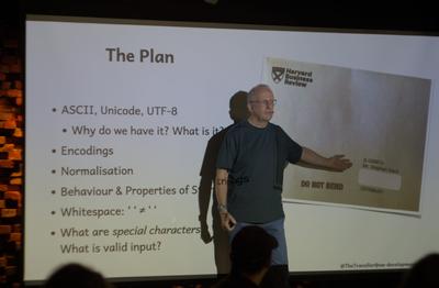 Stephan Kämper presenting 'What Rubyists should know about Unicode'